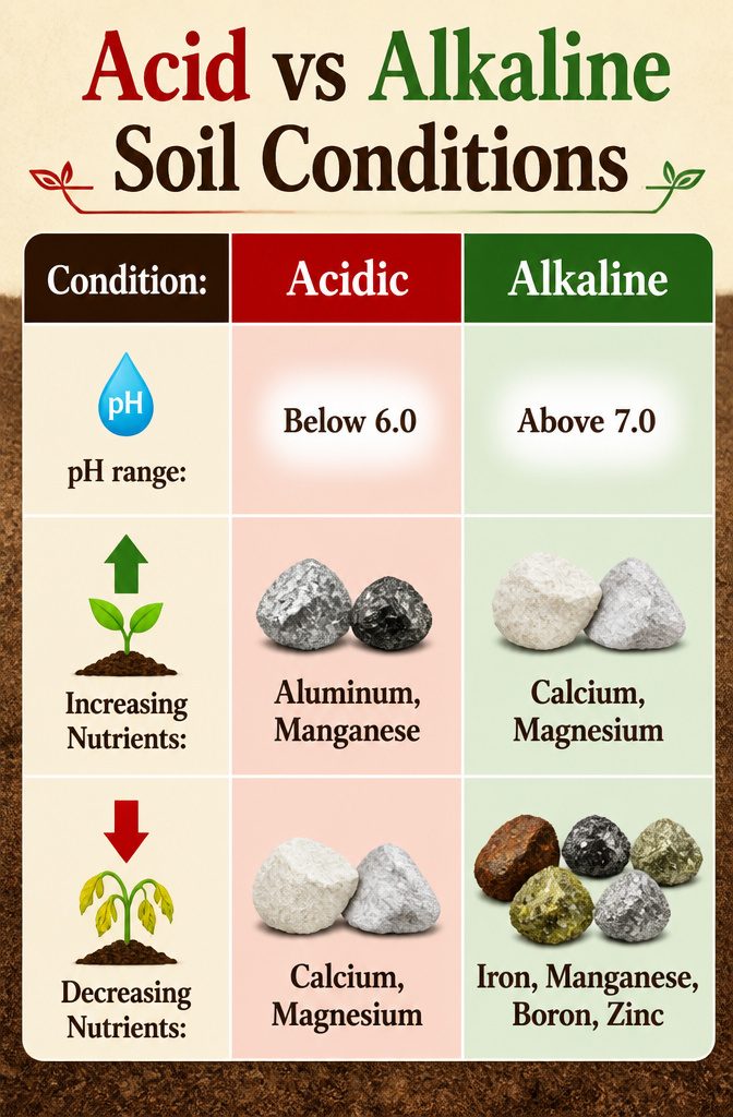 Soil pH and Why It Matters: What Controls Plant Nutrition 4 An image showing the effects of acid vs alkaline soil conditions.