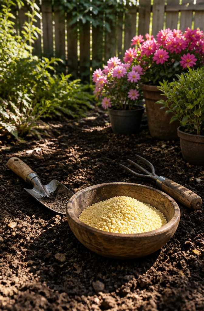 Soil pH and Why It Matters: What Controls Plant Nutrition 7 Bright yellow sulfur granules in a wooden bowl with garden tools.
