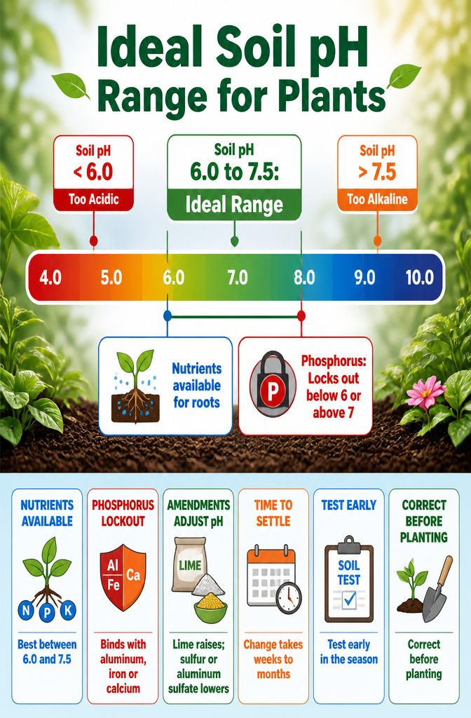 Soil pH and Why It Matters: What Controls Plant Nutrition 10 An infographic showing the ideal soil pH range for plant growth.