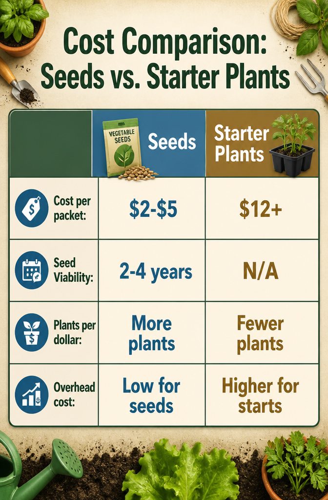 Start From Seed or Buy Plants: 5 Factors to Decide in 2026 2 An infographic comparing the costs of seeds versus starter plants.