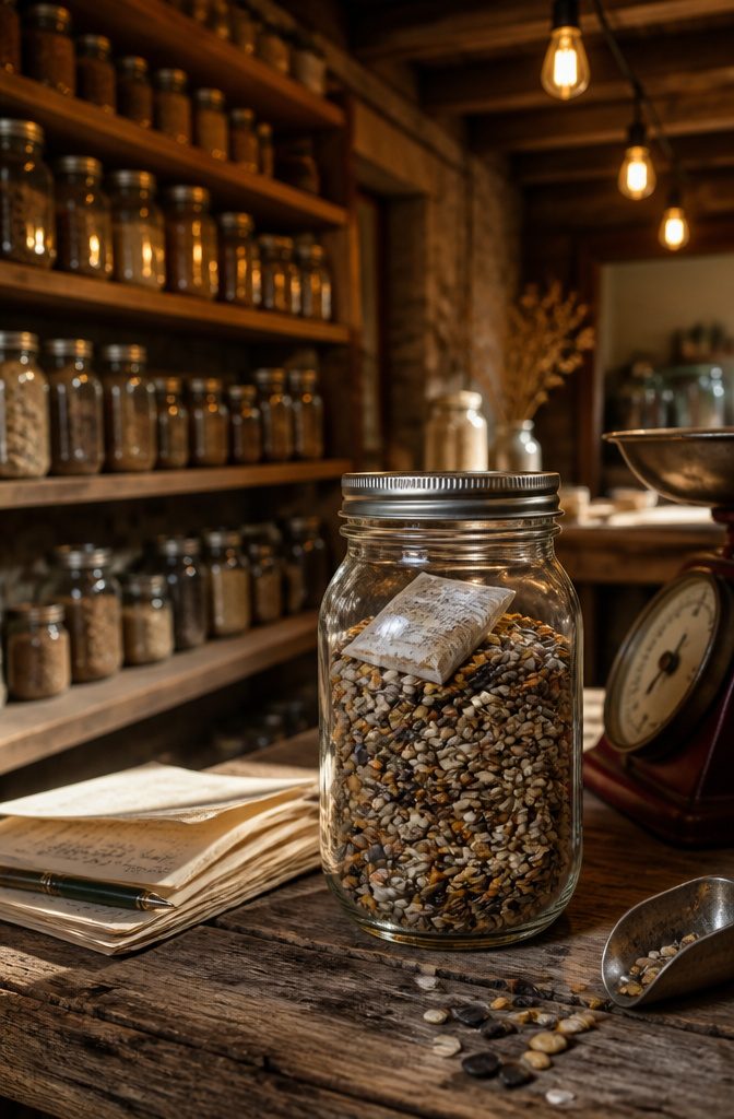 Start From Seed or Buy Plants: 5 Factors to Decide in 2026 8 A mason jar filled with assorted seeds on a wooden shelf.