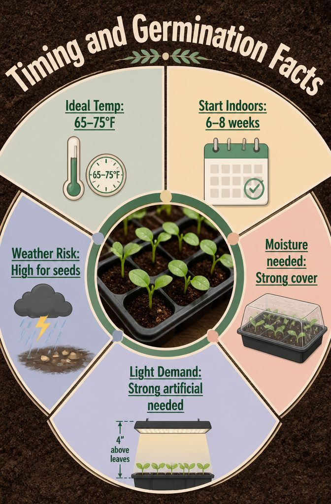 Start From Seed or Buy Plants: 5 Factors to Decide in 2026 9 An infographic outlining timing and germination conditions for seeds.
