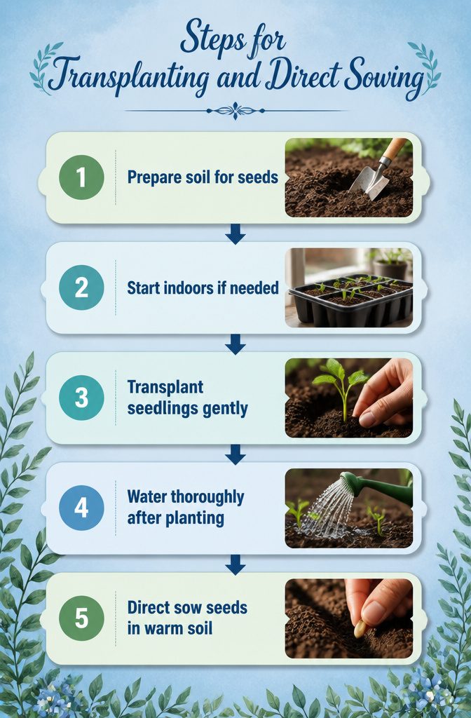 Start From Seed or Buy Plants: 5 Factors to Decide in 2026 10 Steps for transplanting seedlings and direct sowing illustrated.
