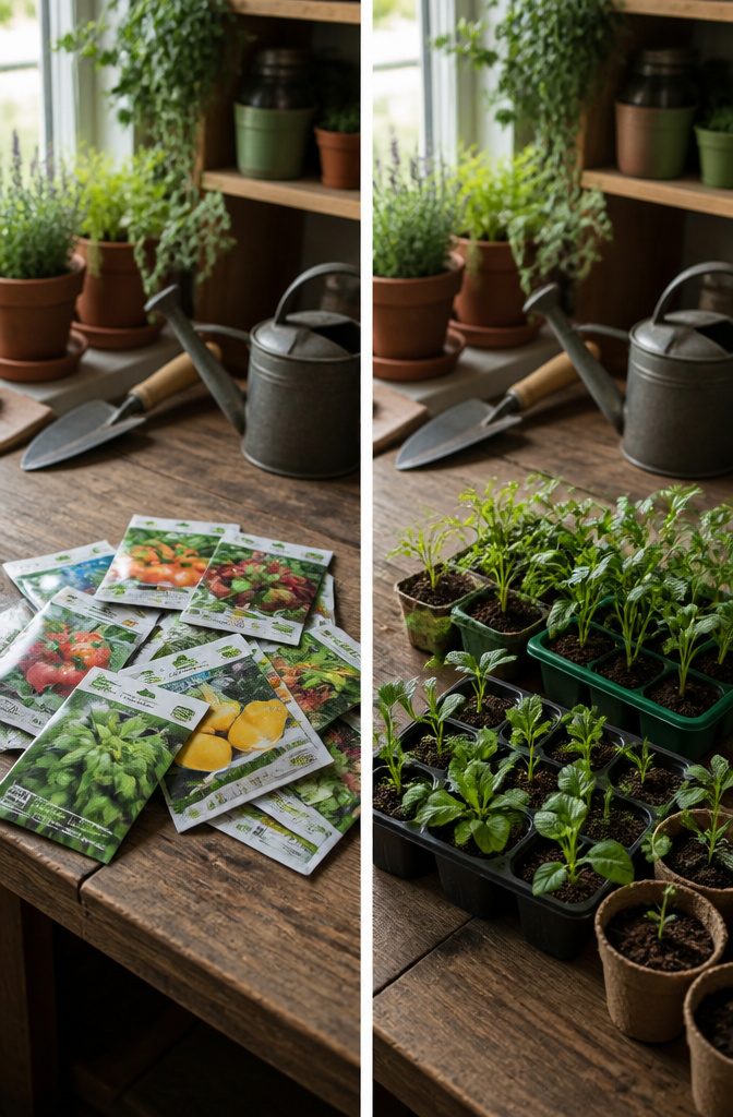 Start From Seed or Buy Plants: 5 Factors to Decide in 2026 1 Open seed catalogs with various seed packets displayed on a table.