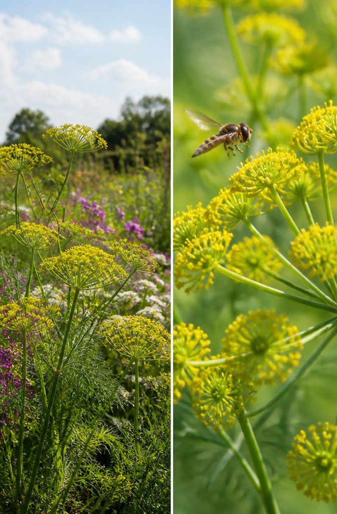 Surprising Facts About Garden-Friendly Bugs and the Plants That Lure Them 4 A hoverfly hovering beside dill flowers in a garden.