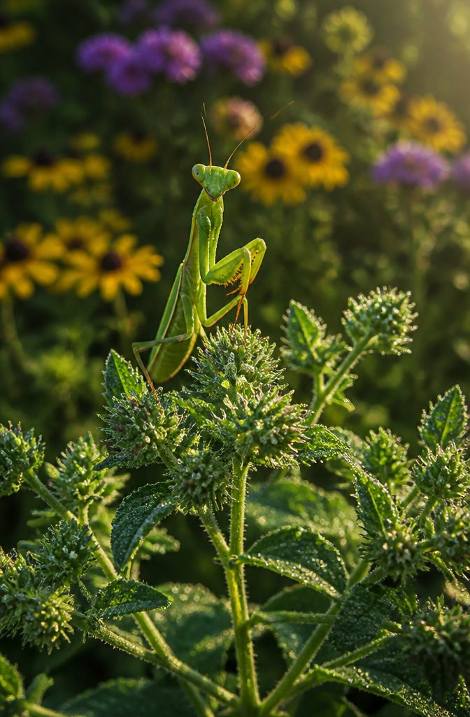 Surprising Facts About Garden-Friendly Bugs and the Plants That Lure Them 3 A praying mantis resting on a leaf, poised for hunting.