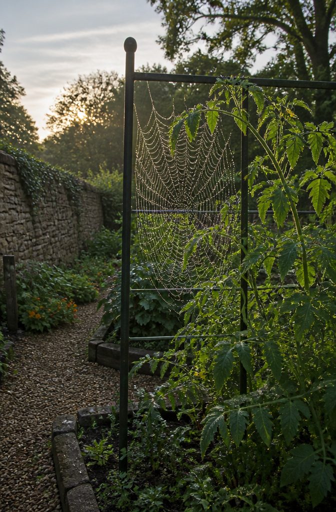 Surprising Facts About Garden-Friendly Bugs and the Plants That Lure Them 8 An orb-weaver spider's web glistening near tomato plants.