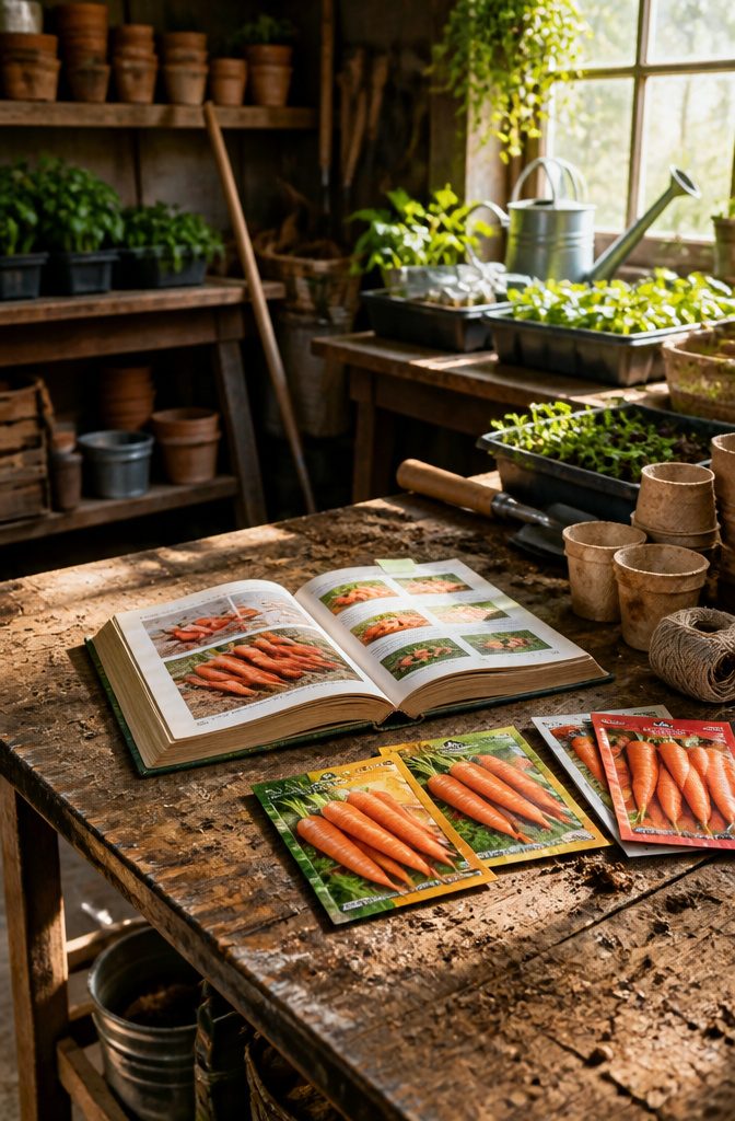 Quick Steps to Winter Carrots: Store Fresh Harvest Through 2026 5 Packets of Bolero and Nantes carrot seeds on a wooden table.