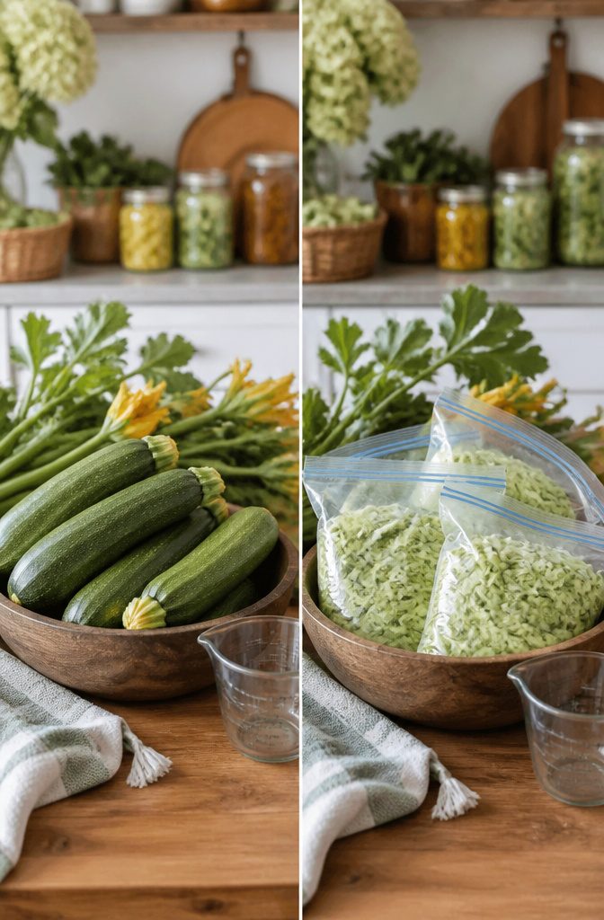 Plastic bags filled with shredded and cubed frozen zucchini.