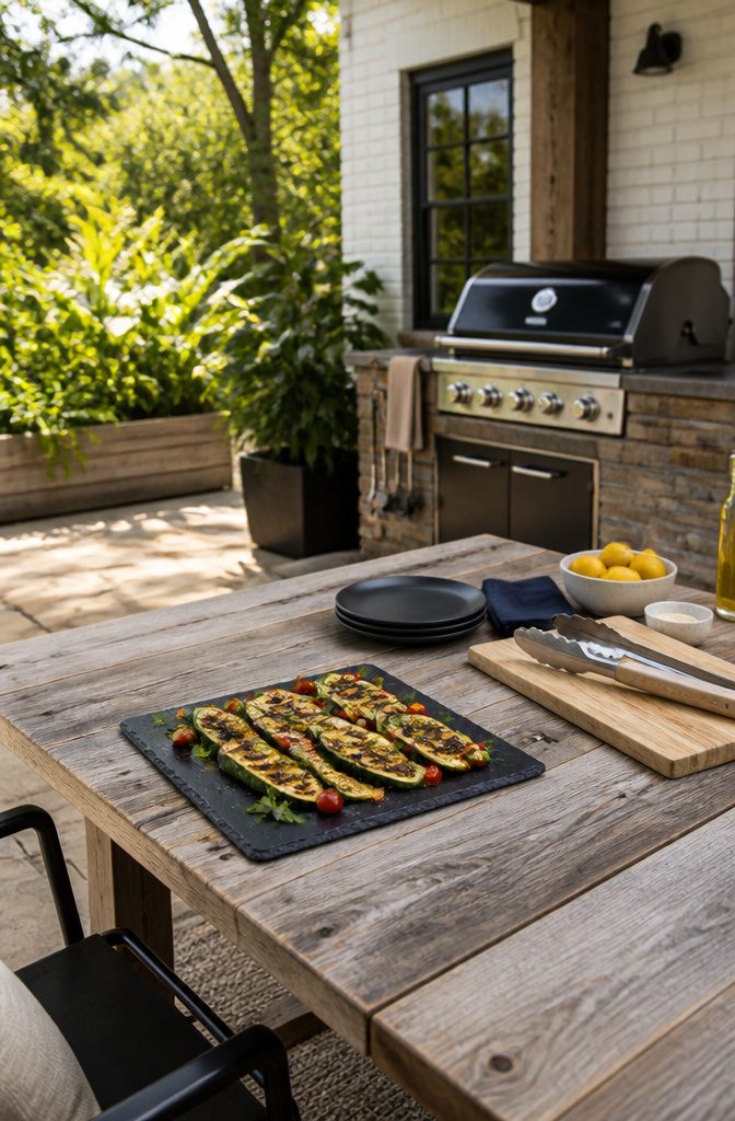 Thick slices of grilled zucchini on a plate with char marks.