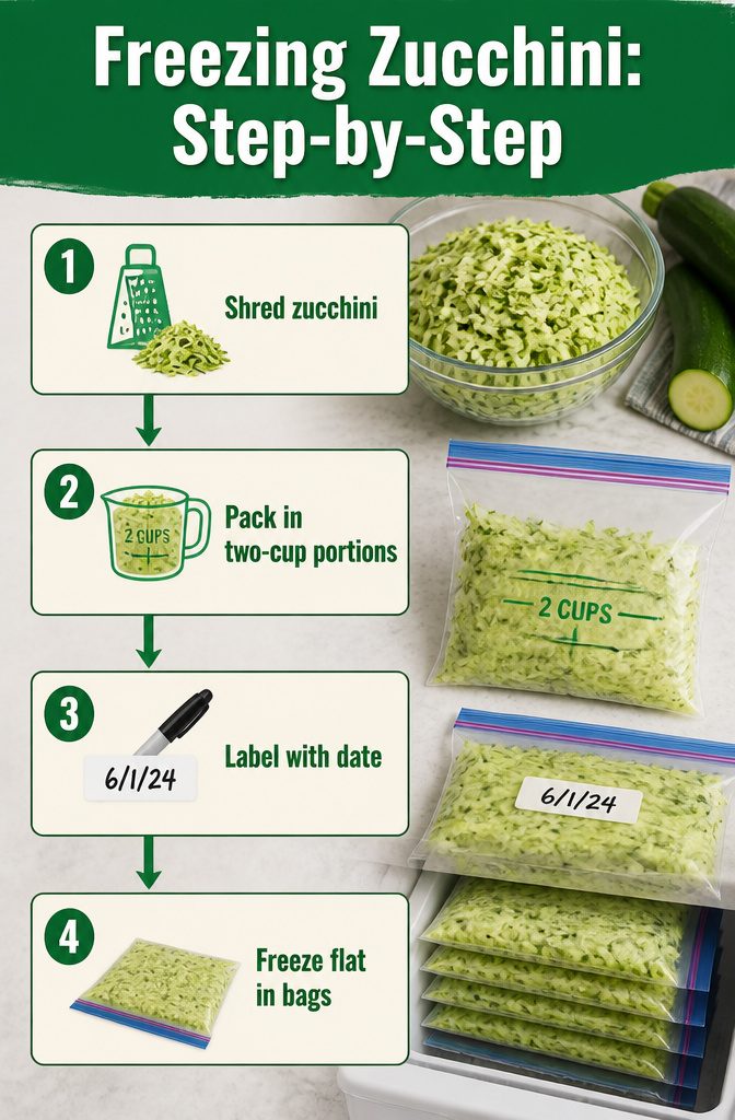 Plastic bags of shredded zucchini laid flat for freezing.