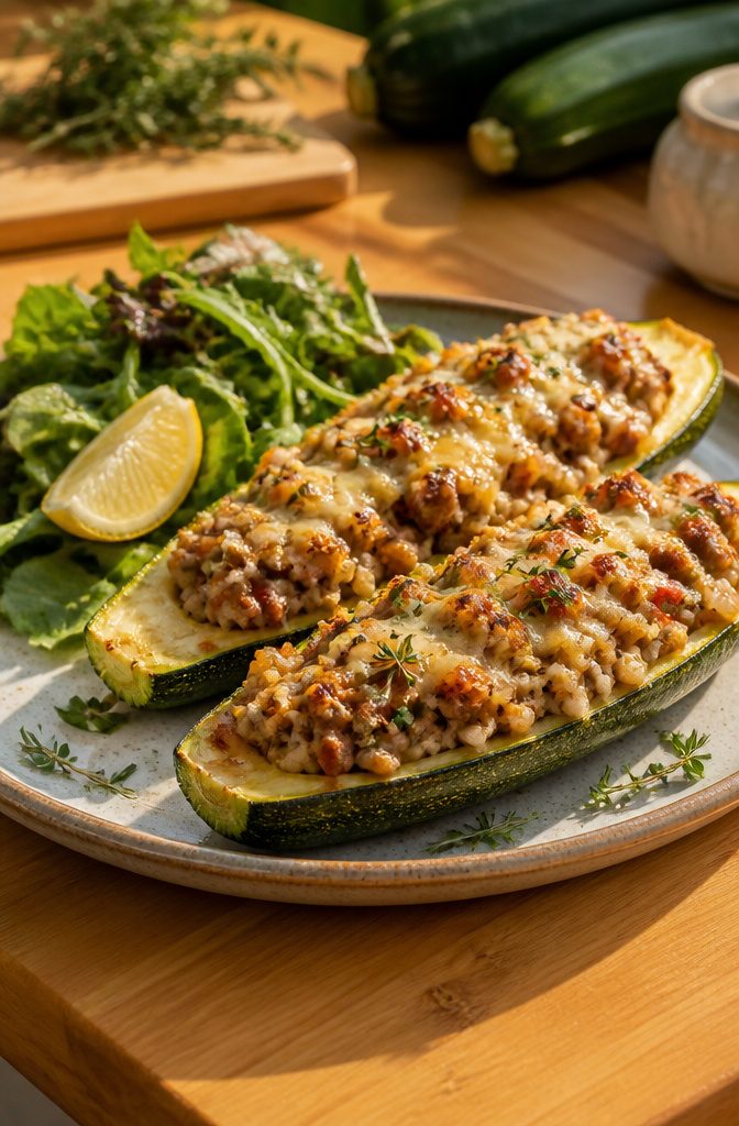 A halved zucchini with the flesh scooped out, resembling a boat.