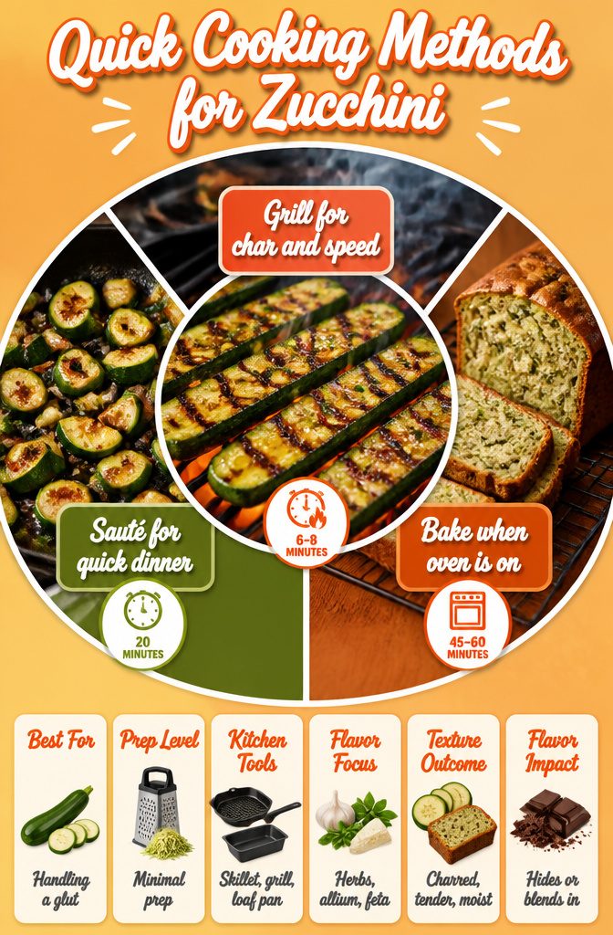 Three zucchini cooking methods displayed with sliced zucchini.