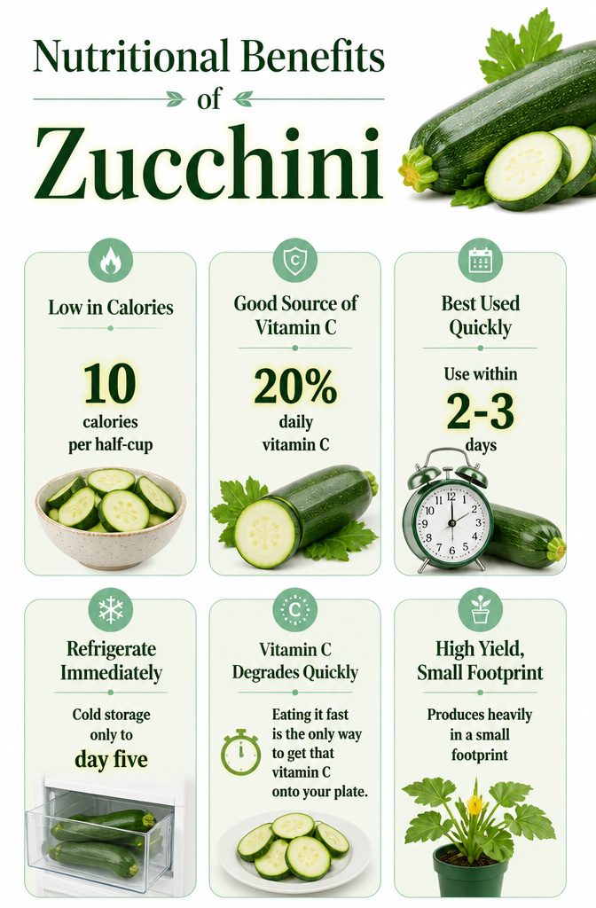Nutritional information about zucchini displayed on a graphic.