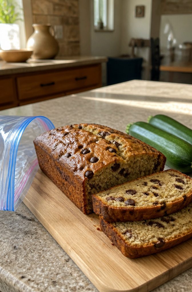 A golden-brown zucchini bread loaf with chocolate chips on a wooden board.