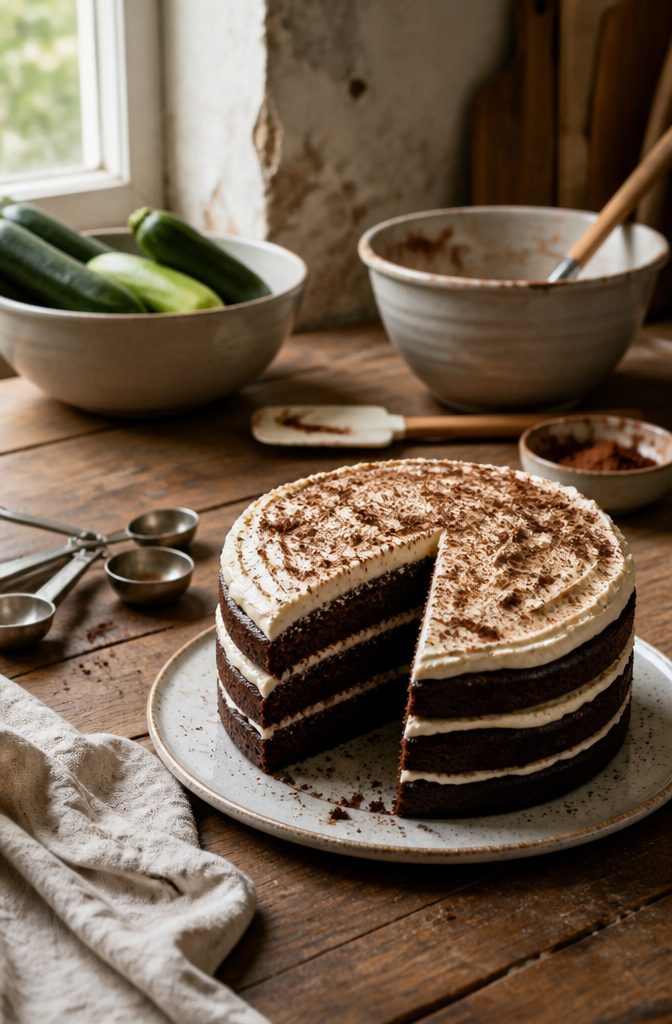 A chocolate zucchini cake layered with creamy frosting on a table.