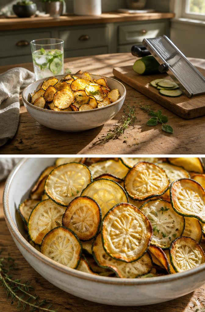 Thinly sliced zucchini chips baked until crispy on a baking sheet.