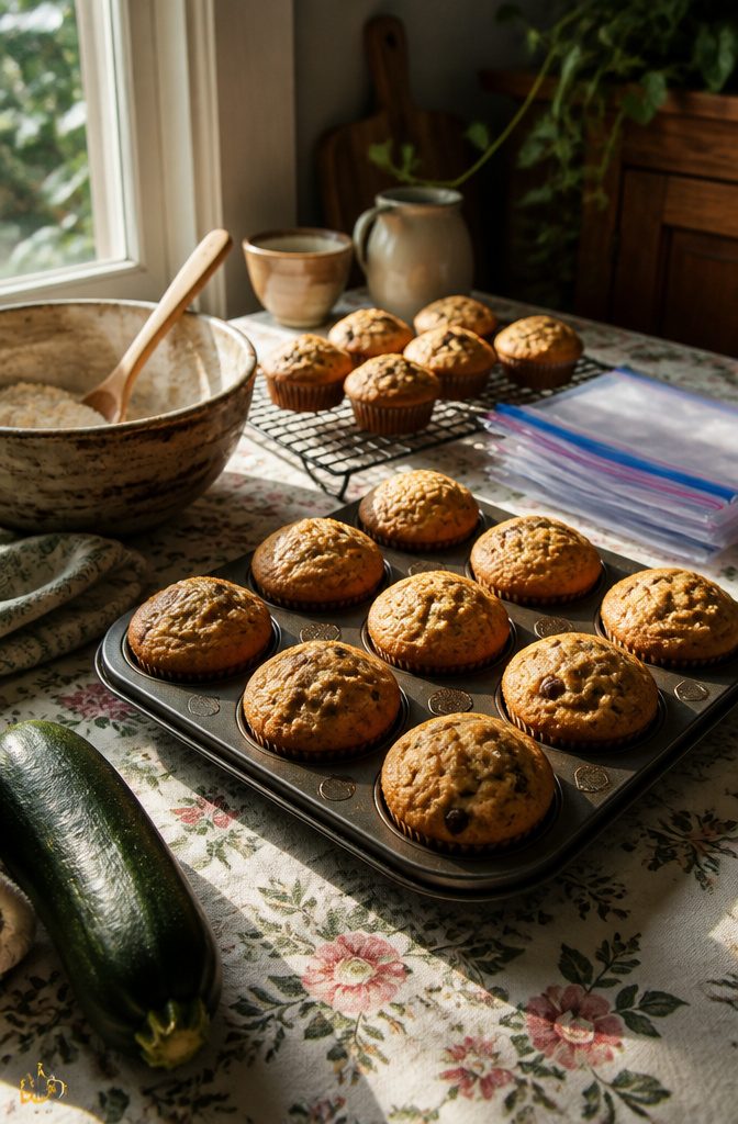 A tray of golden zucchini muffins topped with chocolate chips.