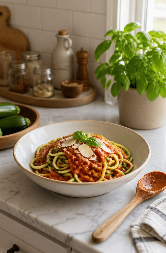 Spiralized zucchini noodles in a bowl with marinara sauce and parmesan.