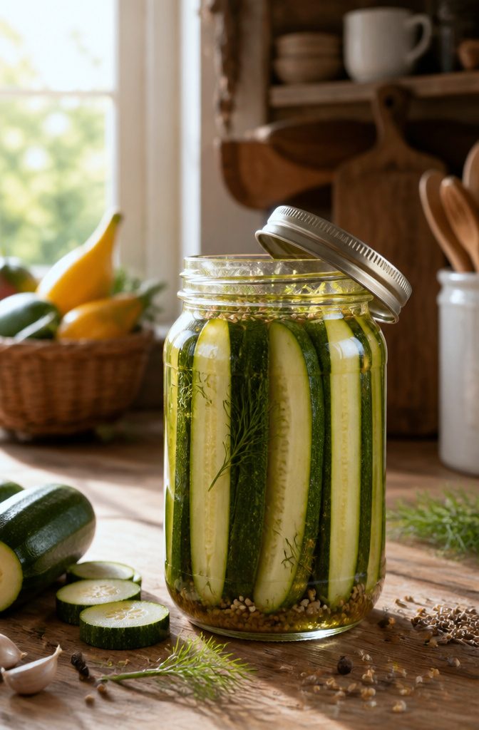 A jar of pickled zucchini spears submerged in clear brine.