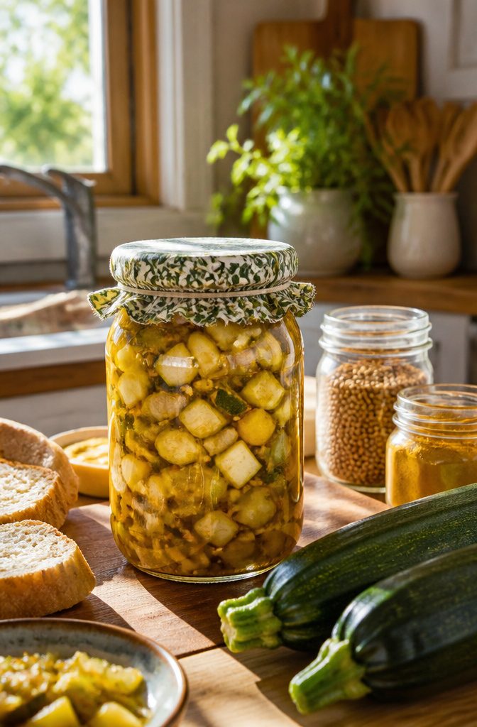 A jar of zucchini relish with chunks of vegetables in brine.