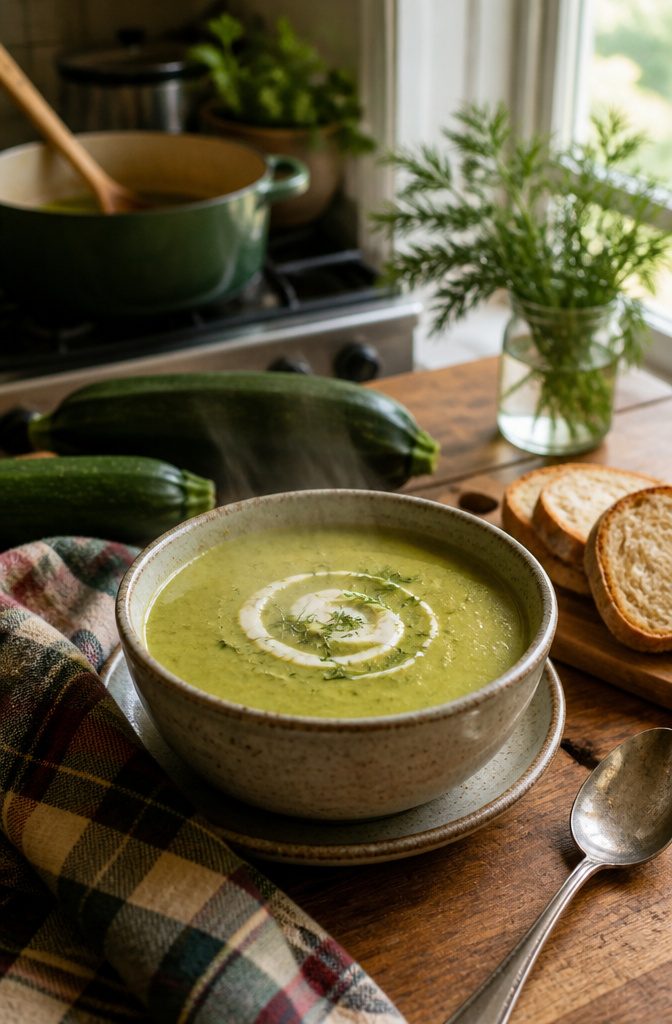 A steaming bowl of vibrant green zucchini soup with garnishes.
