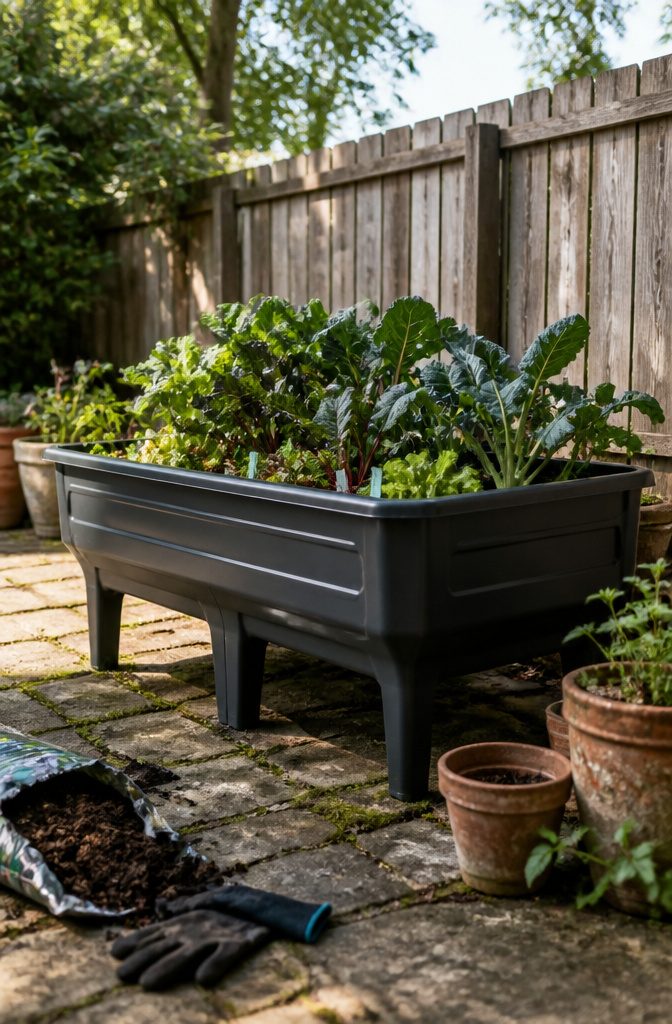 Vegepod Raised Garden Bed: Sizes, Covers and Self-Watering Design 6 Close-up of Vegepod's molded plastic shell on a stone patio.