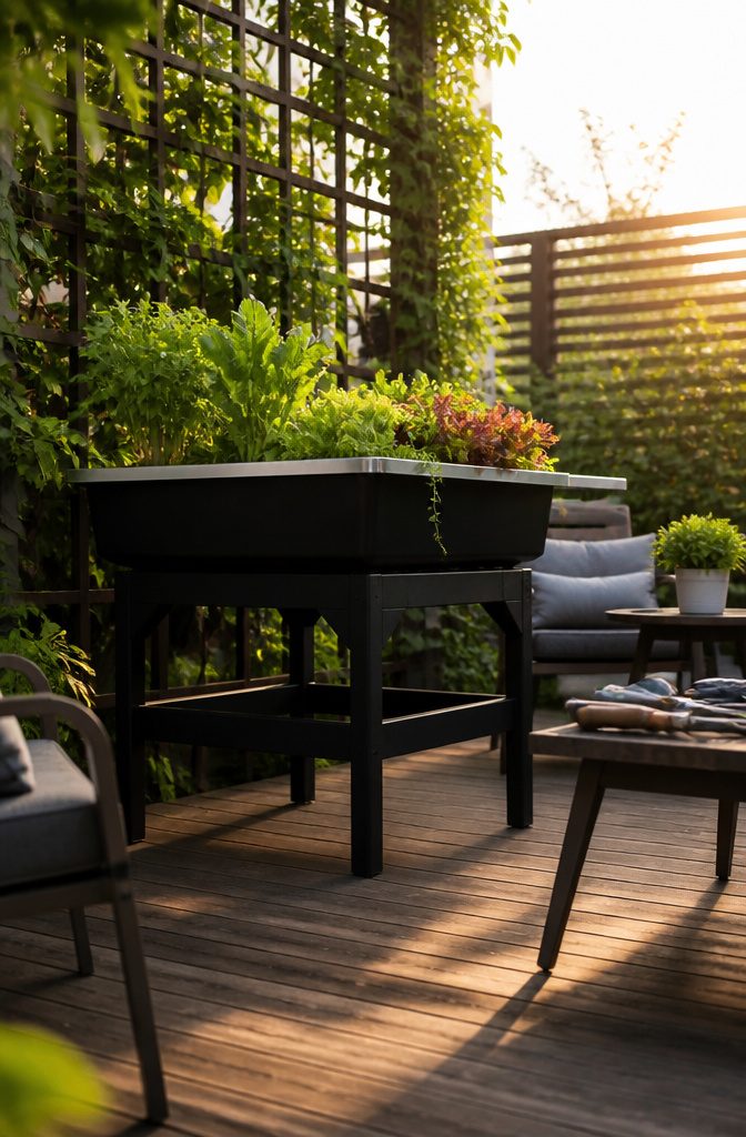 Vegepod Raised Garden Bed: Sizes, Covers and Self-Watering Design 5 Vegepod on an optional stand, elevated above ground.