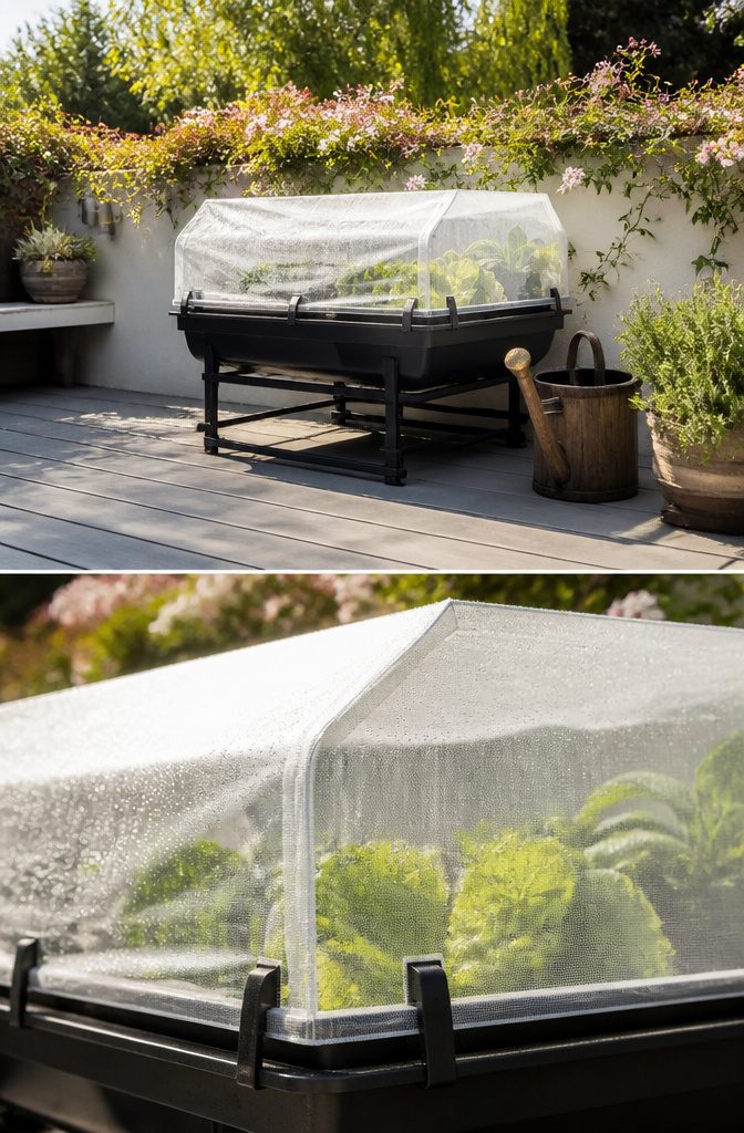 Vegepod Raised Garden Bed: Sizes, Covers and Self-Watering Design 4 Vegepod with mesh pest cover in an outdoor setting.