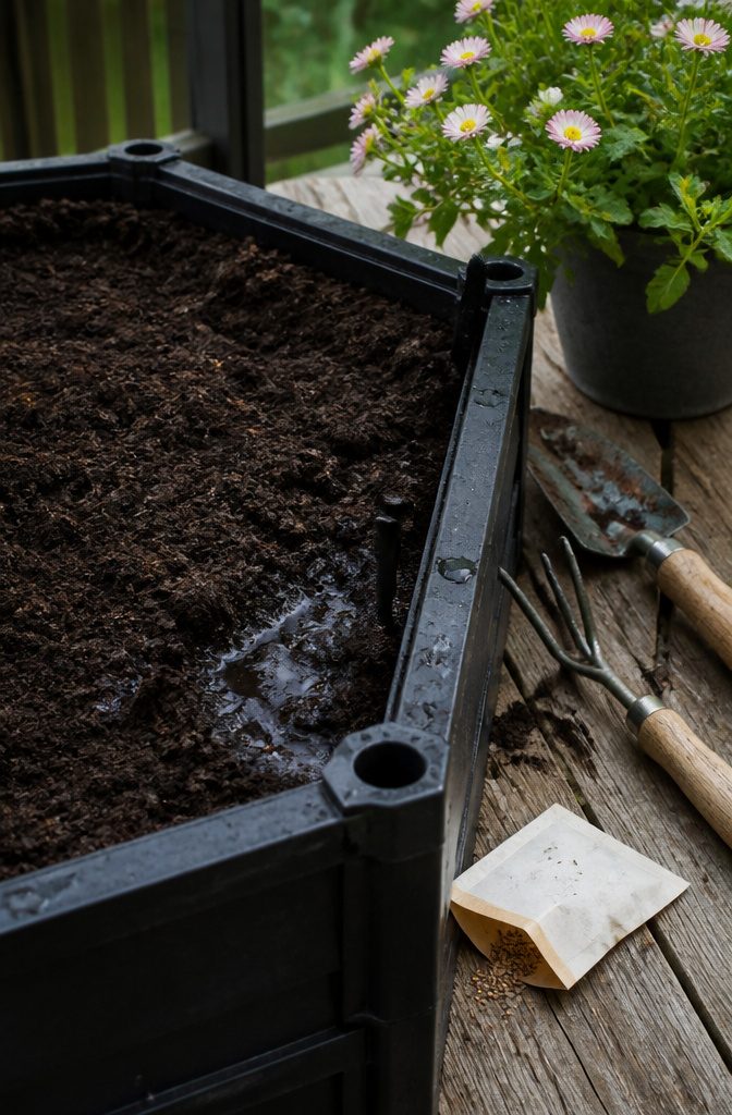 Vegepod Raised Garden Bed: Sizes, Covers and Self-Watering Design 3 Interior view of a Vegepod showing rich potting mix and water surface.