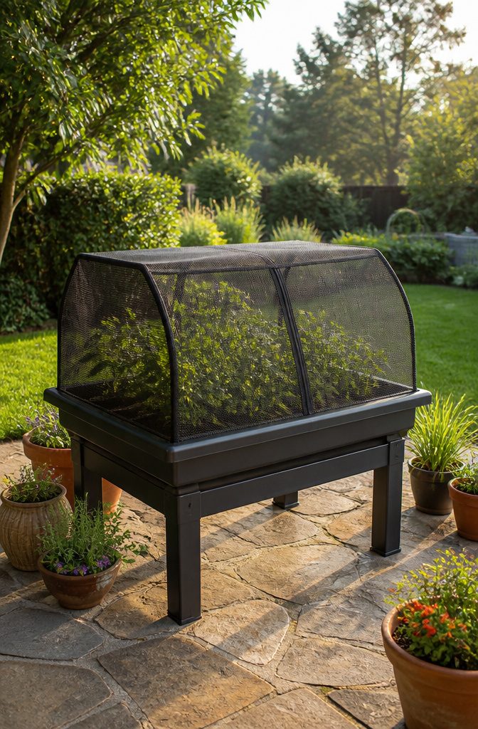Vegepod Raised Garden Bed: Sizes, Covers and Self-Watering Design 1 Vegepod raised garden bed with mesh cover and potting soil visible.