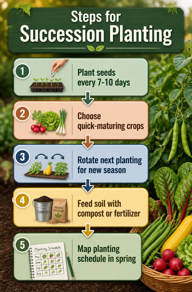Vegetable Gardening Facts: 7 Essential Methods for Growing Food 8 Steps for succession planting illustrated in a garden.