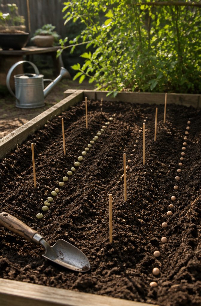 Vegetable Gardening Facts: 7 Essential Methods for Growing Food 12 Freshly prepared raised bed with planted peas and spinach seeds.
