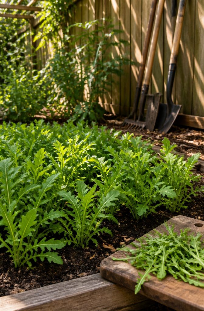 Vegetable Gardening for Fall: What to Plant, When to Start, and How to Protect It 4 Bright green arugula plants with jagged edges in a garden bed.