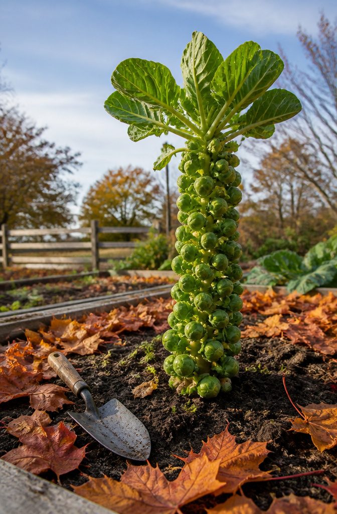 Vegetable Gardening for Fall: What to Plant, When to Start, and How to Protect It 9 A stalk of Brussels sprouts with tightly packed orbs in a garden.
