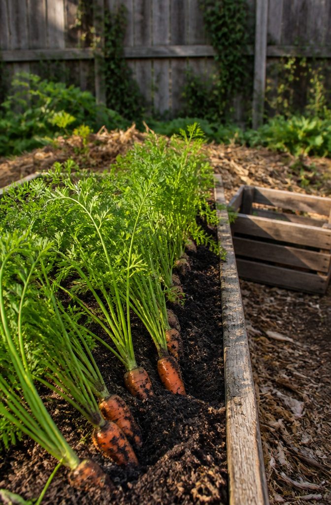 Vegetable Gardening for Fall: What to Plant, When to Start, and How to Protect It 6 Carrot tops swaying gently above the rich soil in a garden bed.