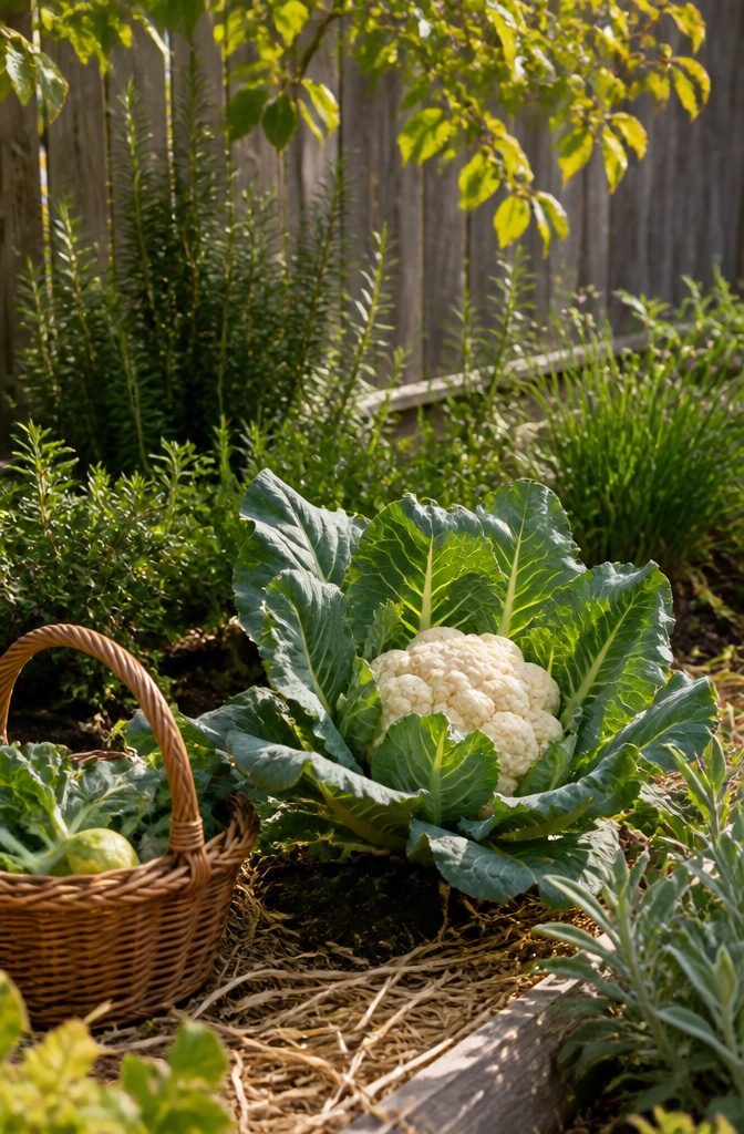 Vegetable Gardening for Fall: What to Plant, When to Start, and How to Protect It 11 Cauliflower plant with a white head surrounded by green leaves.
