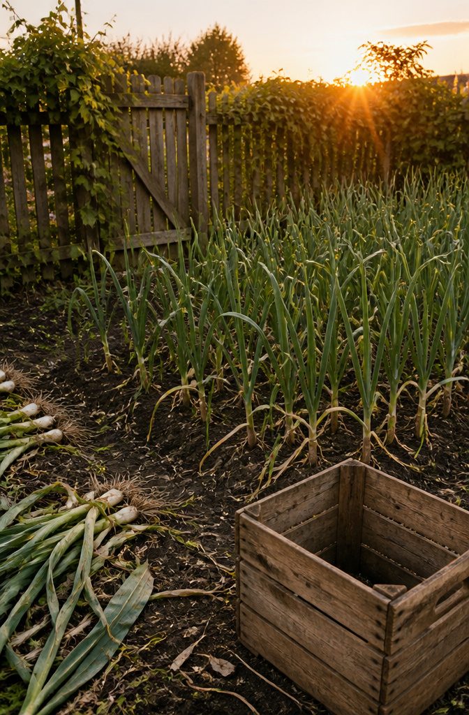 Vegetable Gardening for Fall: What to Plant, When to Start, and How to Protect It 15 Garlic plants with green shoots in a garden bed ready for harvest.