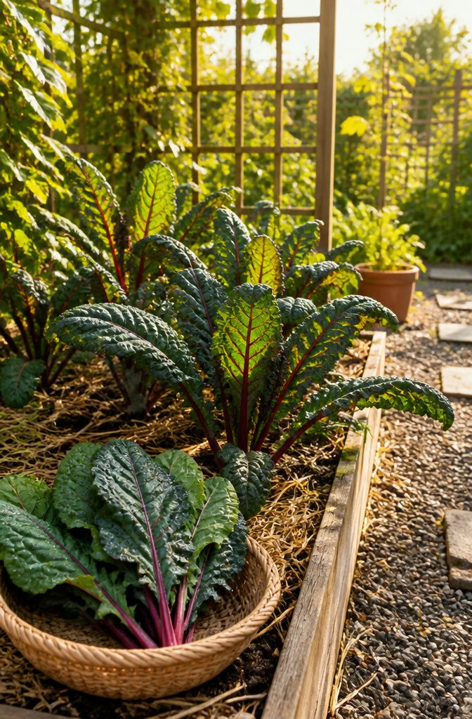 Vegetable Gardening for Fall: What to Plant, When to Start, and How to Protect It 2 Dark green kale plants with red veins growing in a raised garden bed.