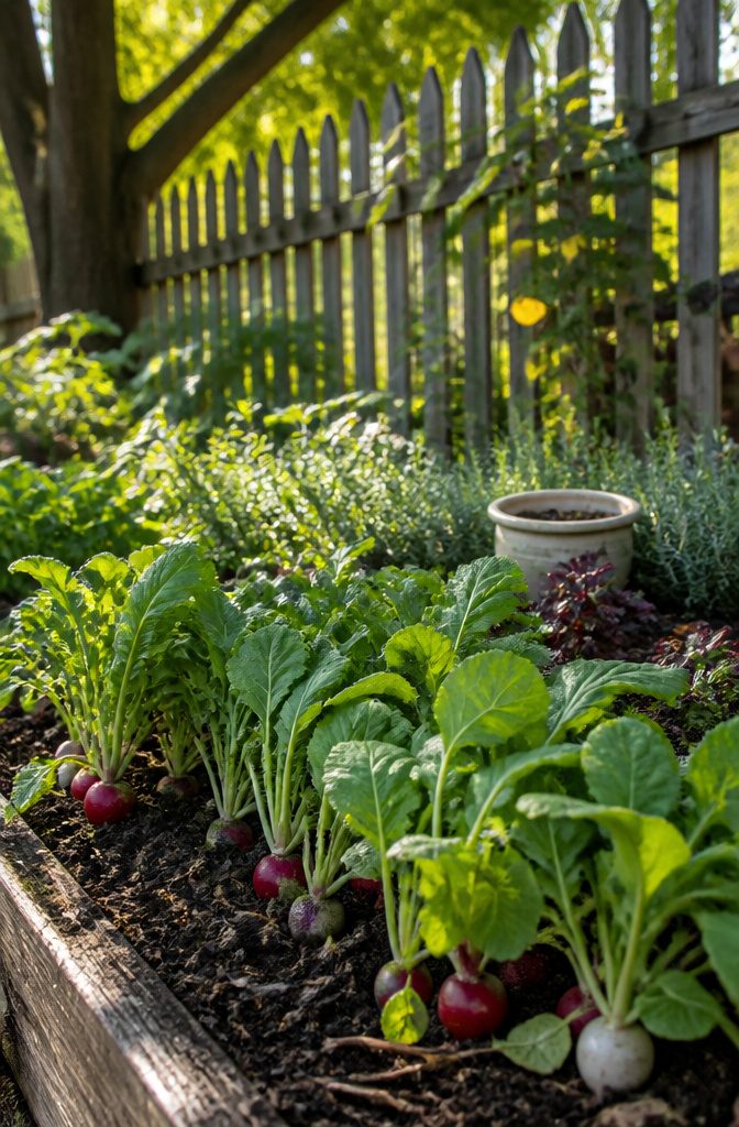Vegetable Gardening for Fall: What to Plant, When to Start, and How to Protect It 7 Radish plants with colorful roots and crisp green foliage in a garden.