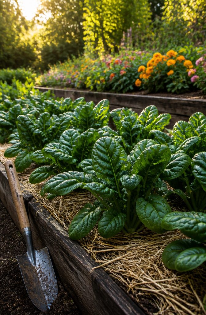 Vegetable Gardening for Fall: What to Plant, When to Start, and How to Protect It 3 Tall spinach plants with glistening leaves in a well-maintained garden plot.