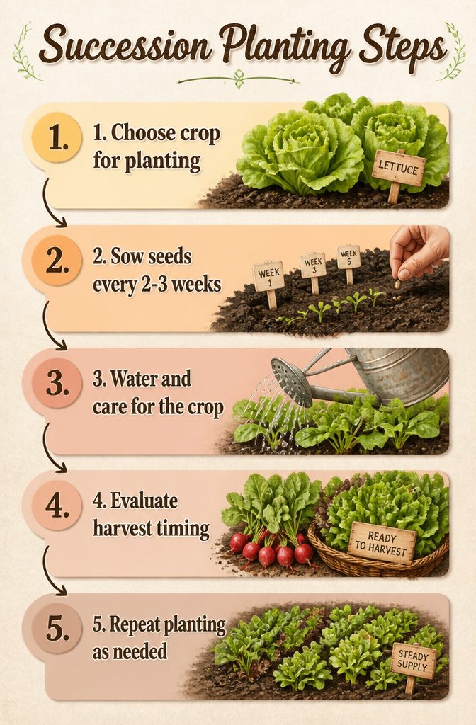 Vegetable Gardening for Fall: What to Plant, When to Start, and How to Protect It 22 A visual guide illustrating succession planting steps for vegetables.