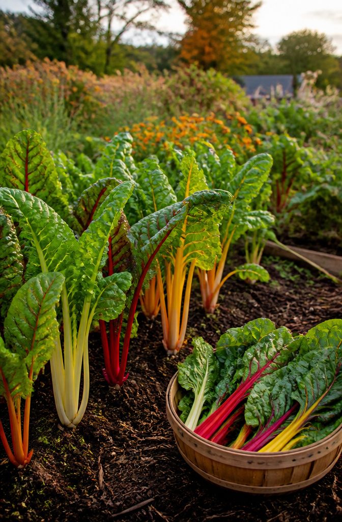 Vegetable Gardening for Fall: What to Plant, When to Start, and How to Protect It 14 A patch of Swiss chard with colorful stalks and green leaves.