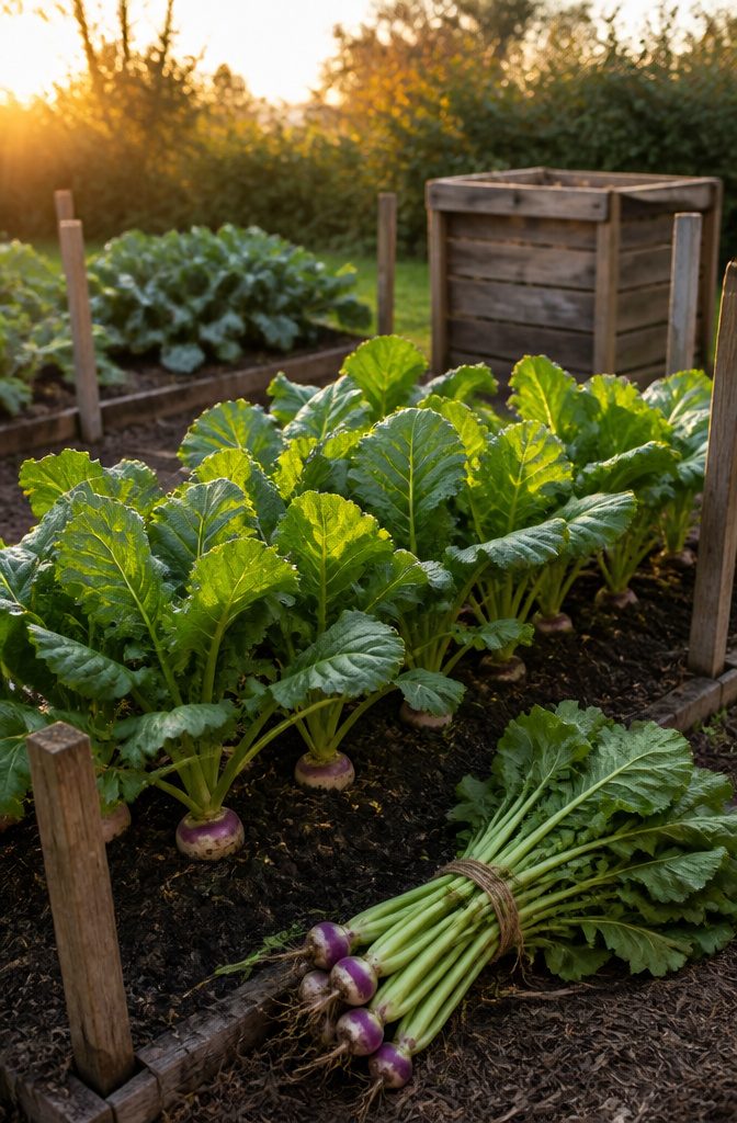 Vegetable Gardening for Fall: What to Plant, When to Start, and How to Protect It 13 Turnip plants with lush greens and roots visible in a garden patch.