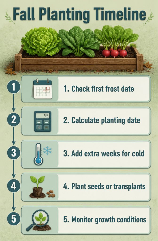 Vegetable Gardening for Fall: What to Plant, When to Start, and How to Protect It 17 A graphic displaying a fall planting timeline for vegetables.