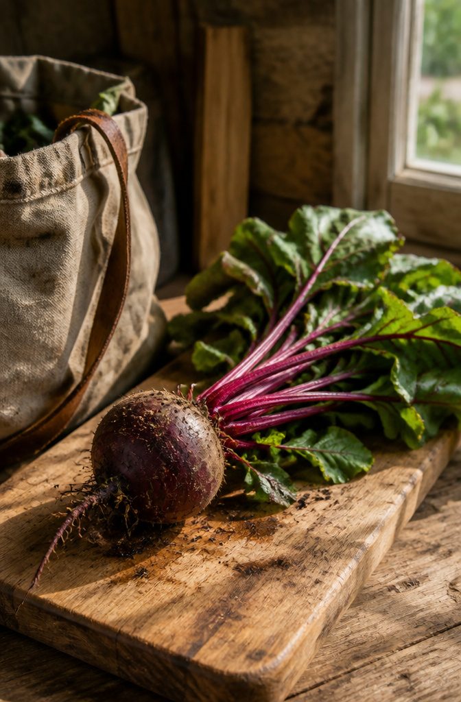 A freshly harvested beet with leafy greens on a wooden cutting board.