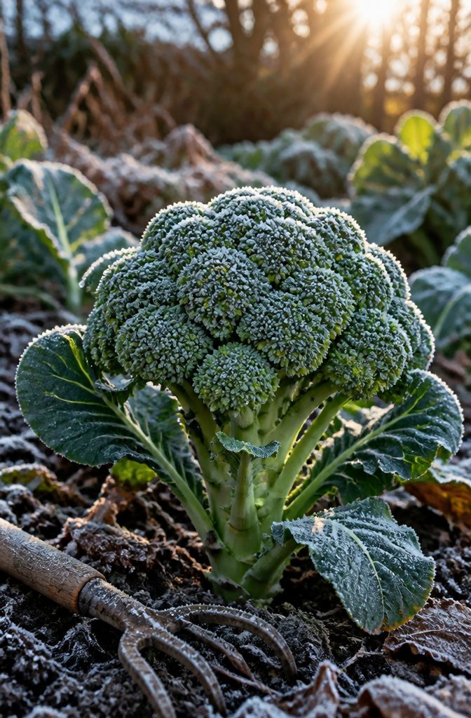 Broccoli plants with frost on their leaves in a winter garden.