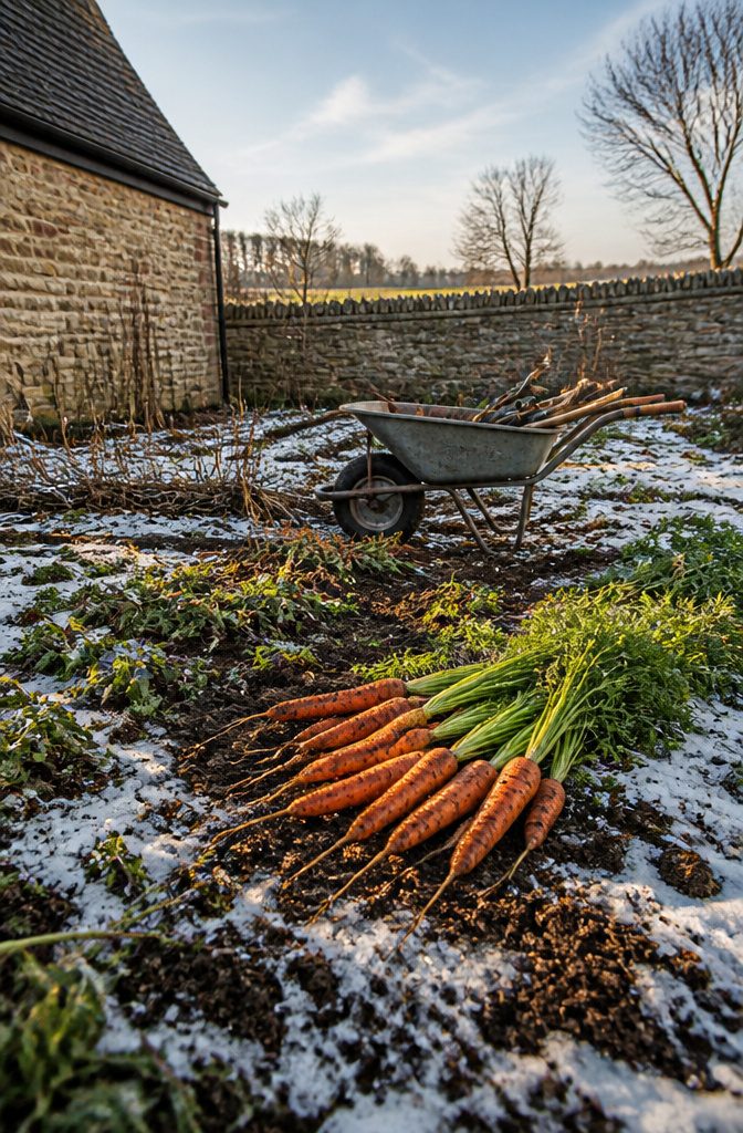 Freshly harvested carrots with dirt still clinging to them.
