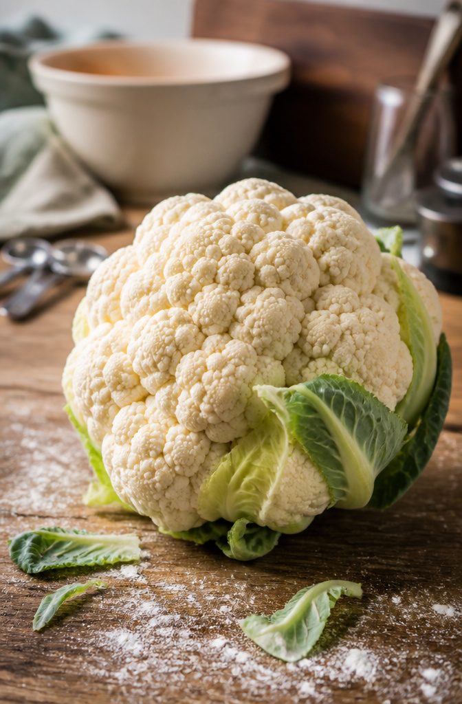 A close-up of a cauliflower head in a garden after frost.