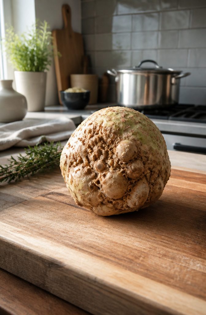 A knobby celeriac root on a textured wooden board.